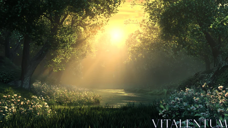 Golden morning light over a quiet flower-lined forest stream.