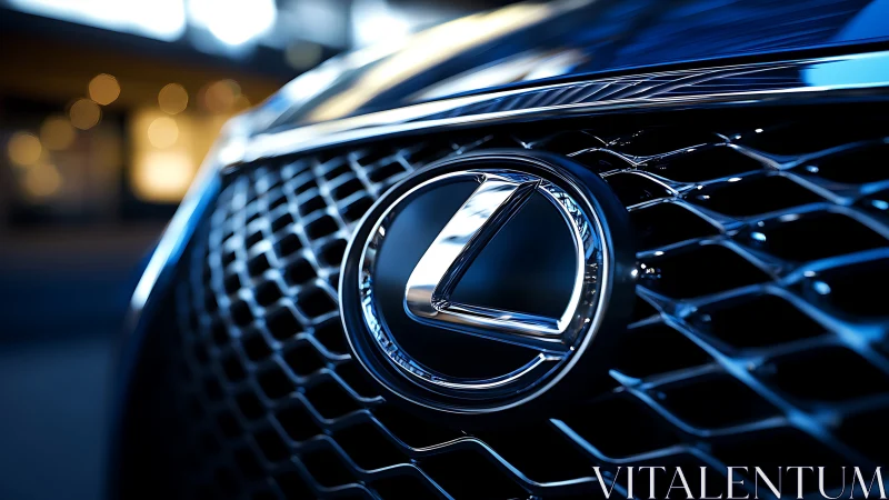 Lexus grille emblem in high-contrast optical close-up study.