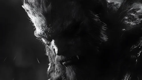 Monochrome werewolf portrait renders dramatic chiaroscuro tension