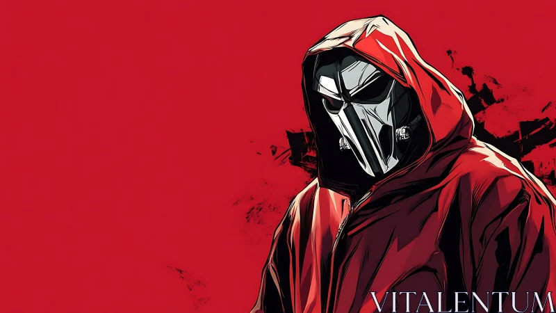 Mysterious masked figure in a bold crimson hooded jacket.