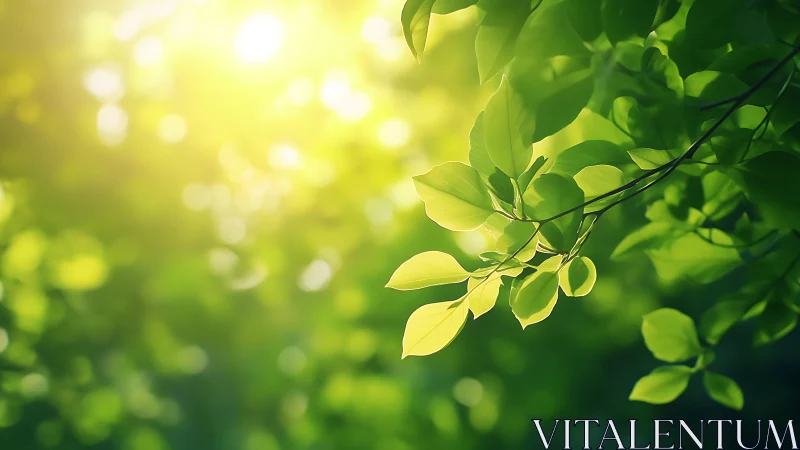 Sunlit green leaves with soft bokeh background in nature style.