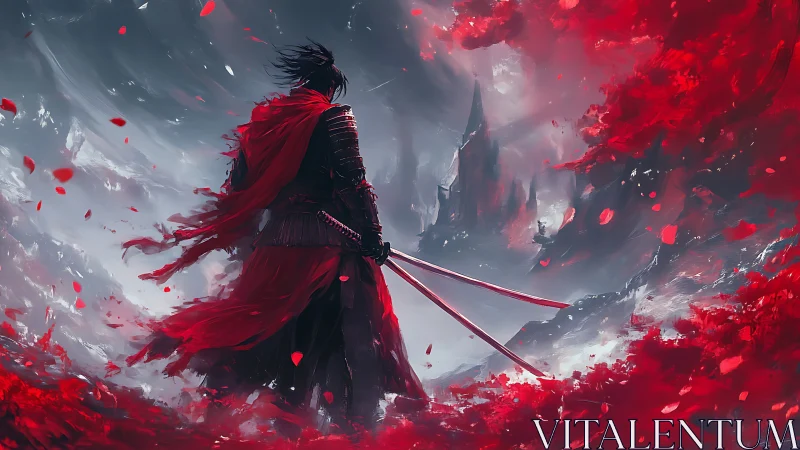 Armored figure surveys distant castle amid red foliage