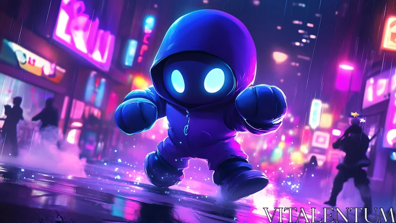 Hooded neon avatar runs through wet cyberpunk street at night