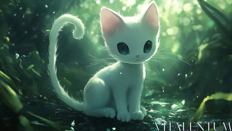 Luminous White Kitten in Enchanted Forest Glow.