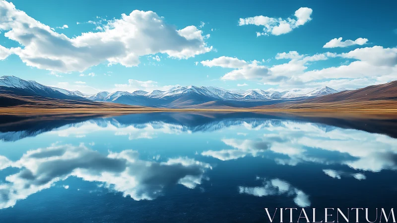 Sky-mirror lake cradled by quiet snowlit mountains.