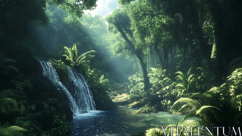 Tropical Forest Waterfall with Sunlit Canopy