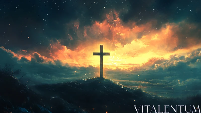 Lonely wooden cross rises against blazing celestial sunset