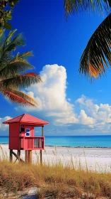 Crimson Lifeguard Tower Stands Watch Over Paradise Coastline