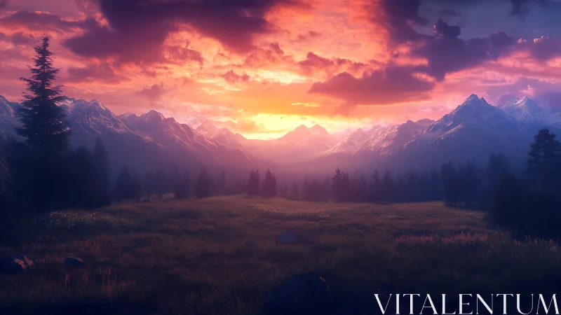 Radiant alpine meadow under volumetric sunset illumination.