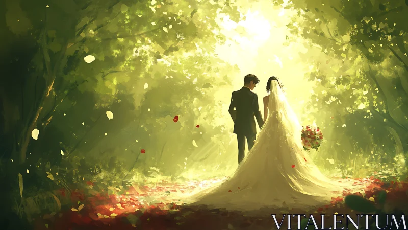 Sunlit forest aisle crowns a dreamy digital wedding vow
