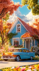 Vintage car rests by a pastel cottage in glowing spring light