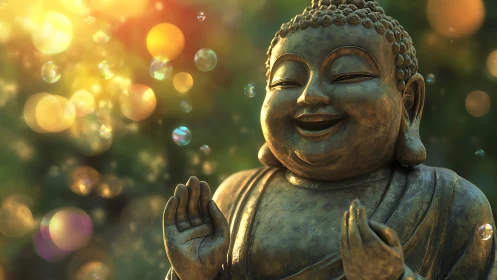 Laughing Buddha statue glows amid soft bokeh orbs