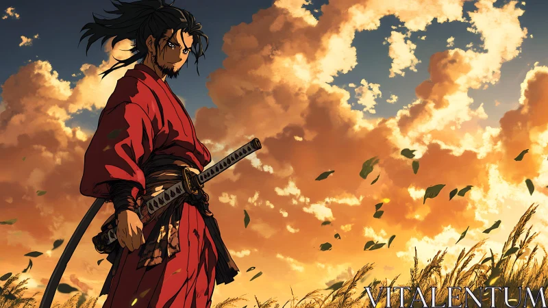 Samurai in crimson kimono stands against dramatic sunset sky