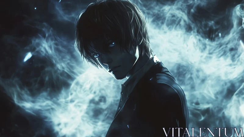 Dark anime figure with glowing eyes in swirling blue smoke.