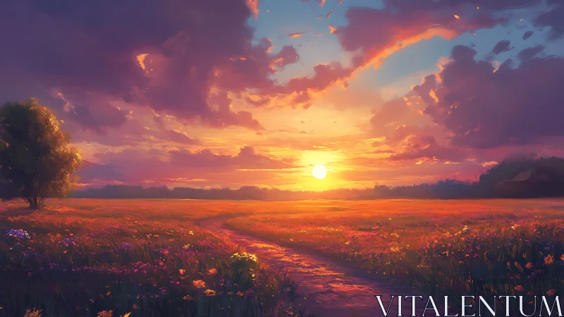 Sunset over wildflower field with distant horizon line.