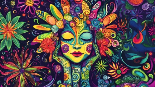 Colorful dreamer surrounded by joyful swirling flowers.