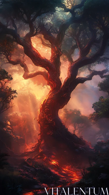 Ancient Tree Consumed by Molten Light and Fire.