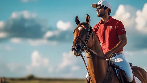 Mounted equestrian athlete in red polo shirt under diffuse daylight