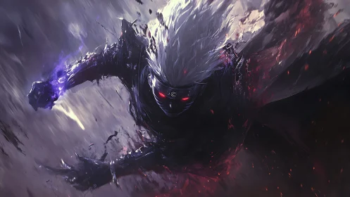 Storm-wreathed masked warrior surging through darkness.