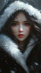 Young woman in fur hooded winter coat faces viewer directly