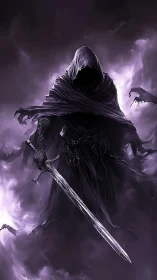 Shadow wraith warrior holds cursed sword in violet mist
