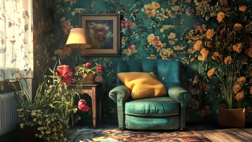 Turquoise armchair in dense floral living room corner