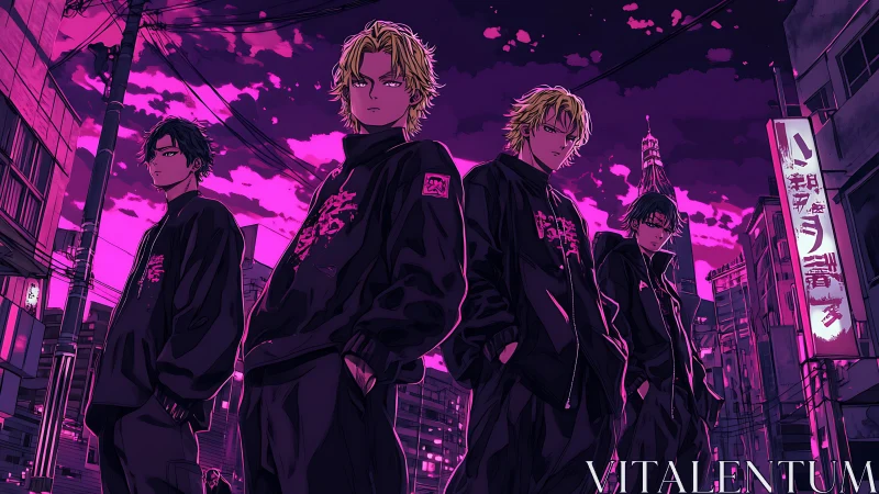 Neon-lit urban gang quartet under magenta evening skyline