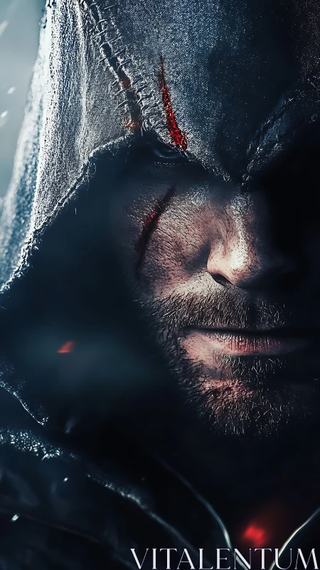 Hooded warrior portrait uses hard rim lighting and micro-textured cloth