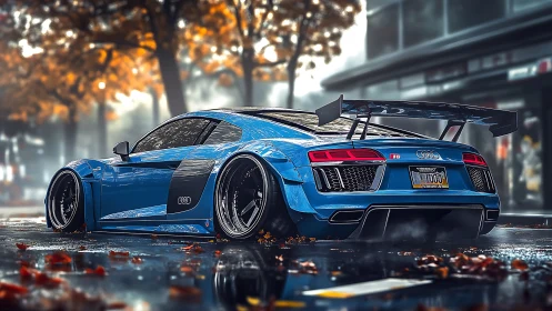 Widebody blue Audi R8 with track aero kit on wet autumn street