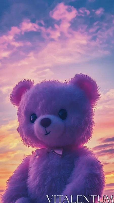 Pink teddy bear toy against vivid purple sunset sky.