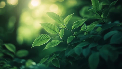 Sunlit Green Leaves in Lush Forest, Soft Focus Nature Photography.