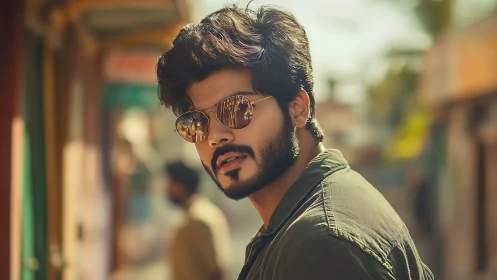 Street portrait of stylish man in warm cinematic glow.