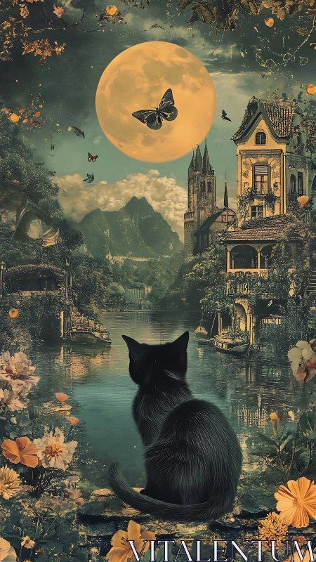 Moonlit cat dreaming by the riverside in a fairy village.