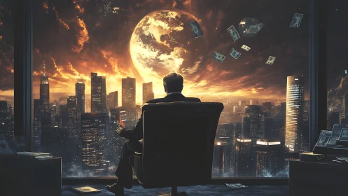 Wealth-obsessed tycoon watching burning lunar skyline at dusk.