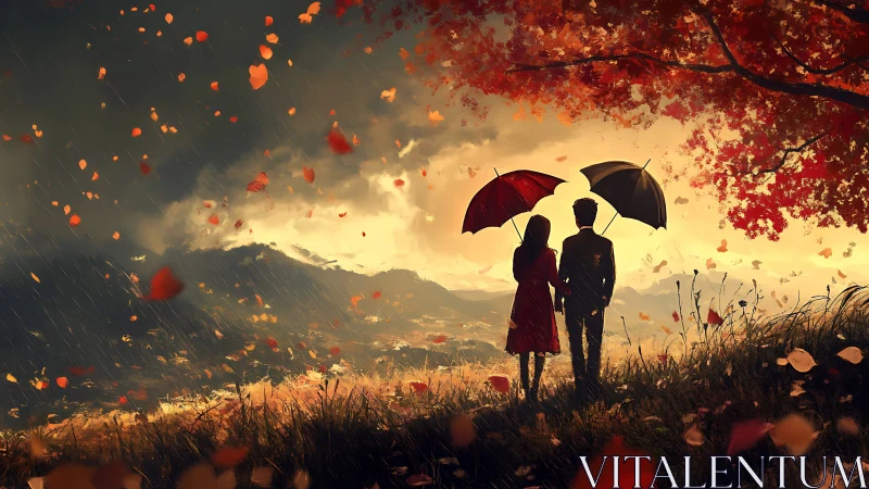Two figures with umbrellas amid autumn rainfall and falling leaves.
