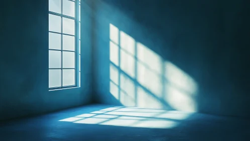 Diagonal daylight matrix across minimal blue interior volume.