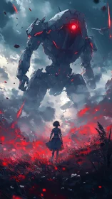 Backlit child confronts towering war mech in red particle storm