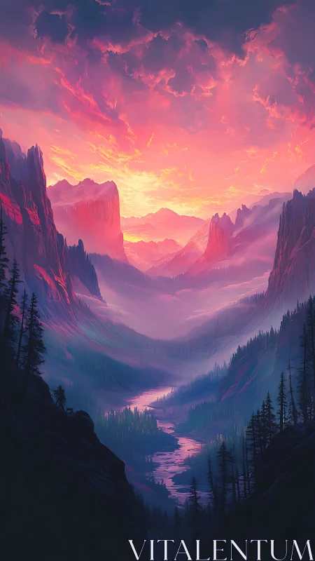 Digitally rendered river valley between stylized mountains.