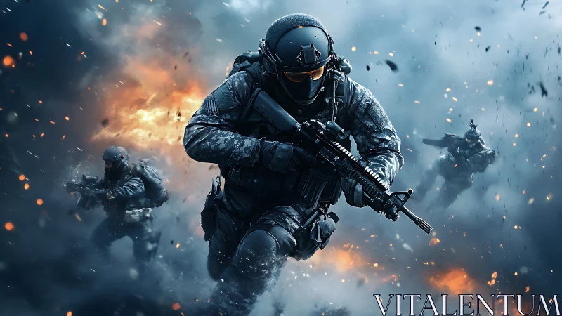 3D tactical special forces charge amid explosive battlefield chaos.