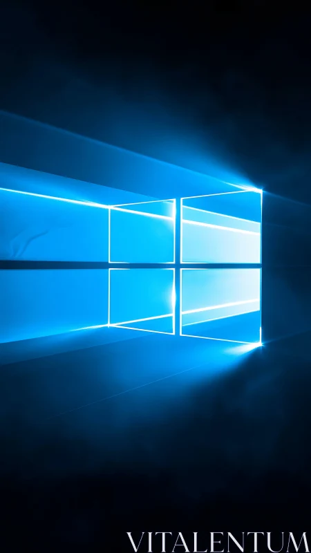 Luminous blue window grid projects volumetric light beams