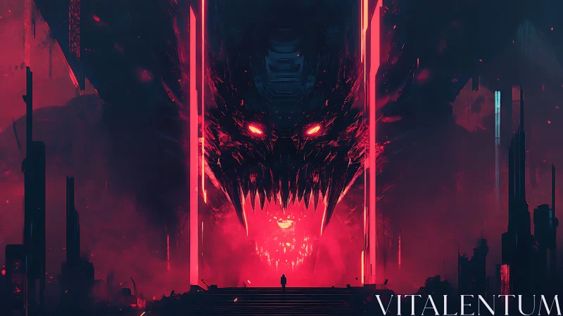 Tiny figure confronts colossal demonic entity in neon void