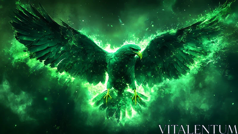 Majestic Green Eagle in Fiery Digital Art with Outstretched Wings.