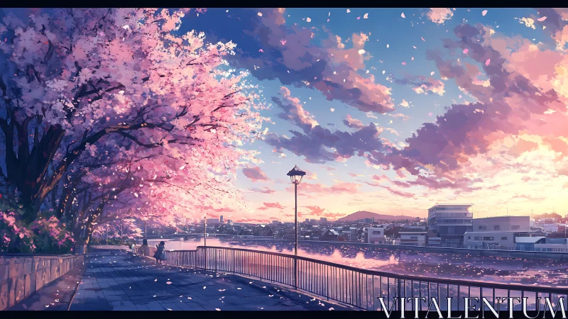 Riverside cherry blossom promenade under luminous sunset sky.