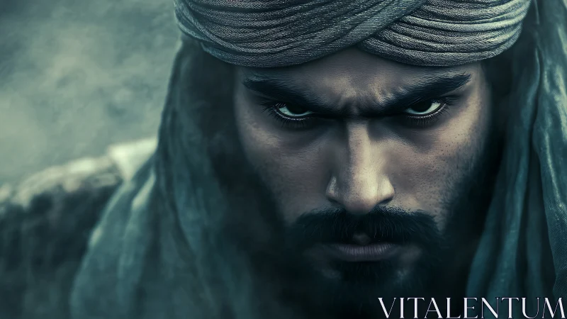Close human portrait shows turbaned man with intense gaze