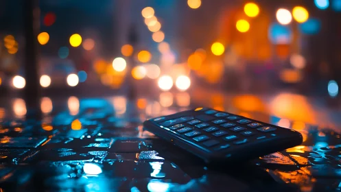 Lost smartphone glows on wet city street at night.