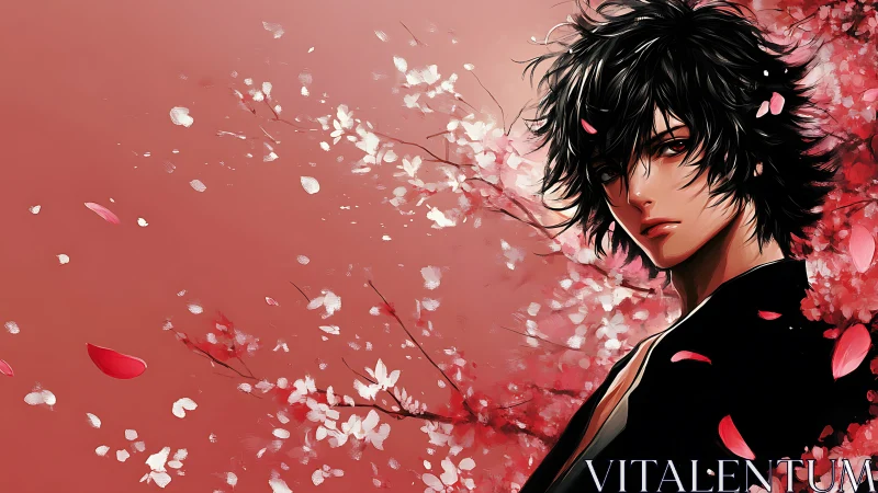 Brooding anime swordsman stands amid drifting cherry petals