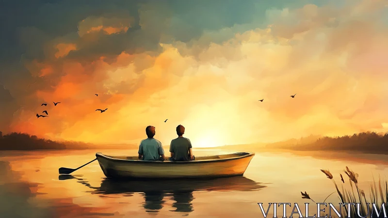 Digital painting of two figures in a lake boat at sunset.