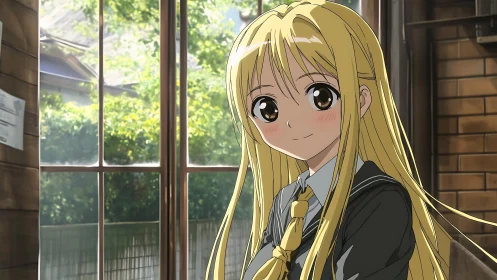Blonde anime schoolgirl by sunlit classroom window interior.
