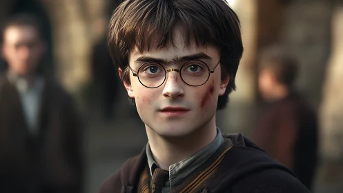 Photorealistic portrait of injured teen in soft depth-of-field.