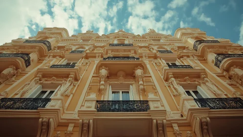 Ornate Beaux-Arts façade with sculptural reliefs under low-angle view